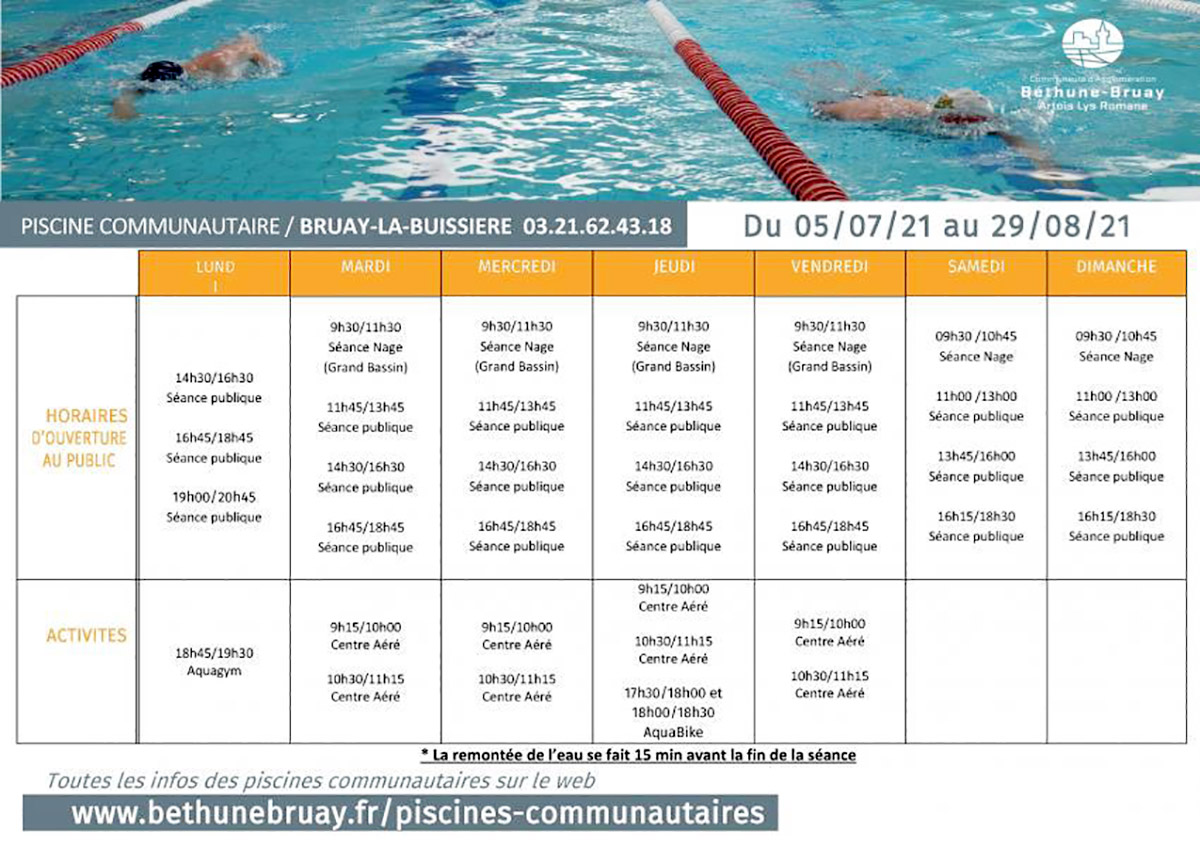 Horaires piscine du 5 juillet au 29 août 2021